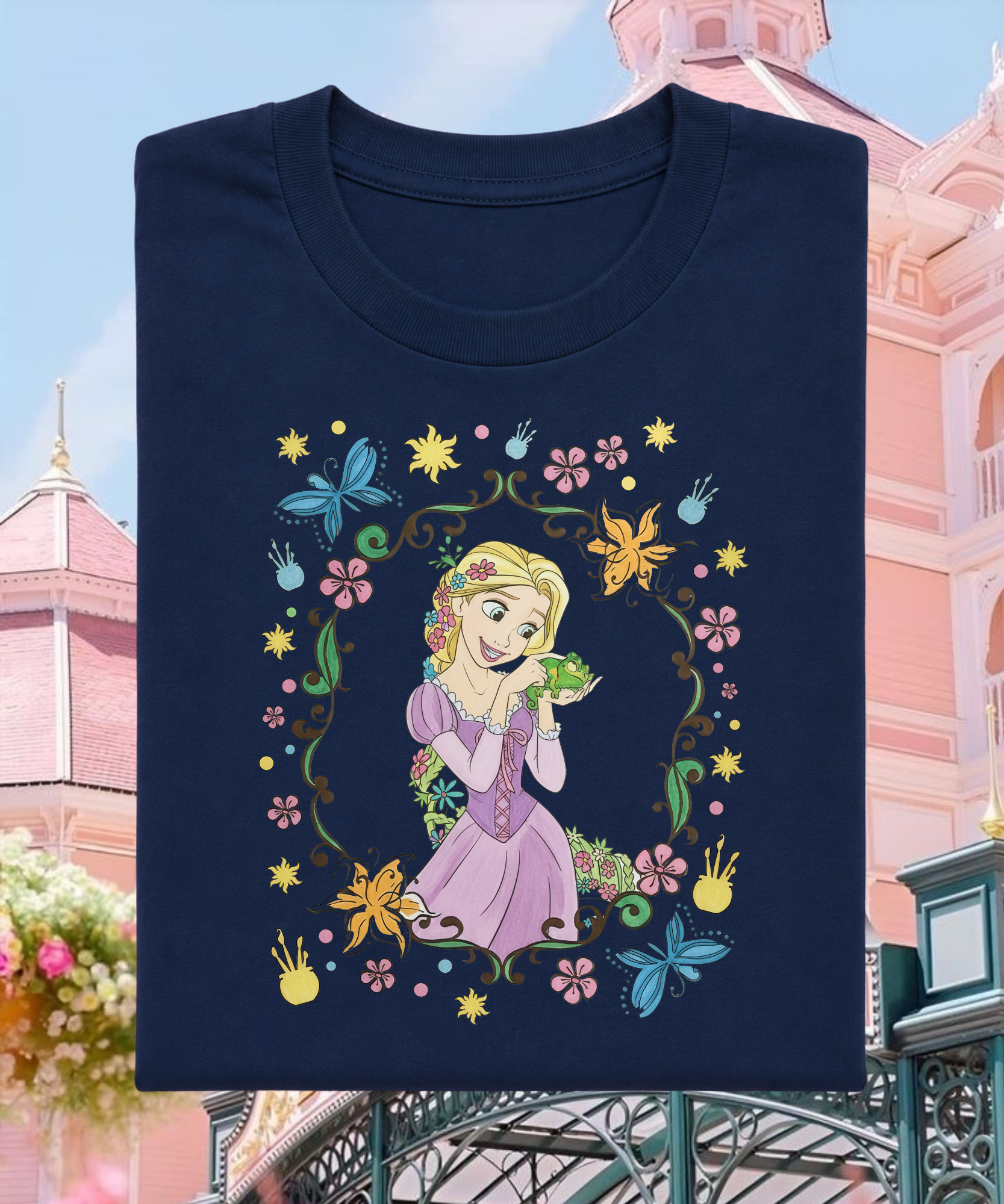 Rapunzel Floral Frame - Tshirt - White/Pink/Navy