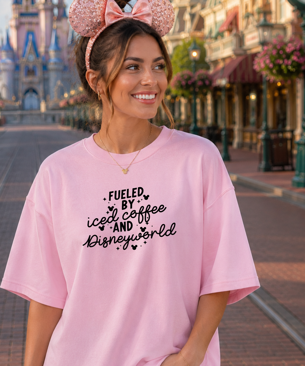 Fueled By Iced Coffee & DisneyWorld - Tshirt - White/Light Pink/Pink Lemonade