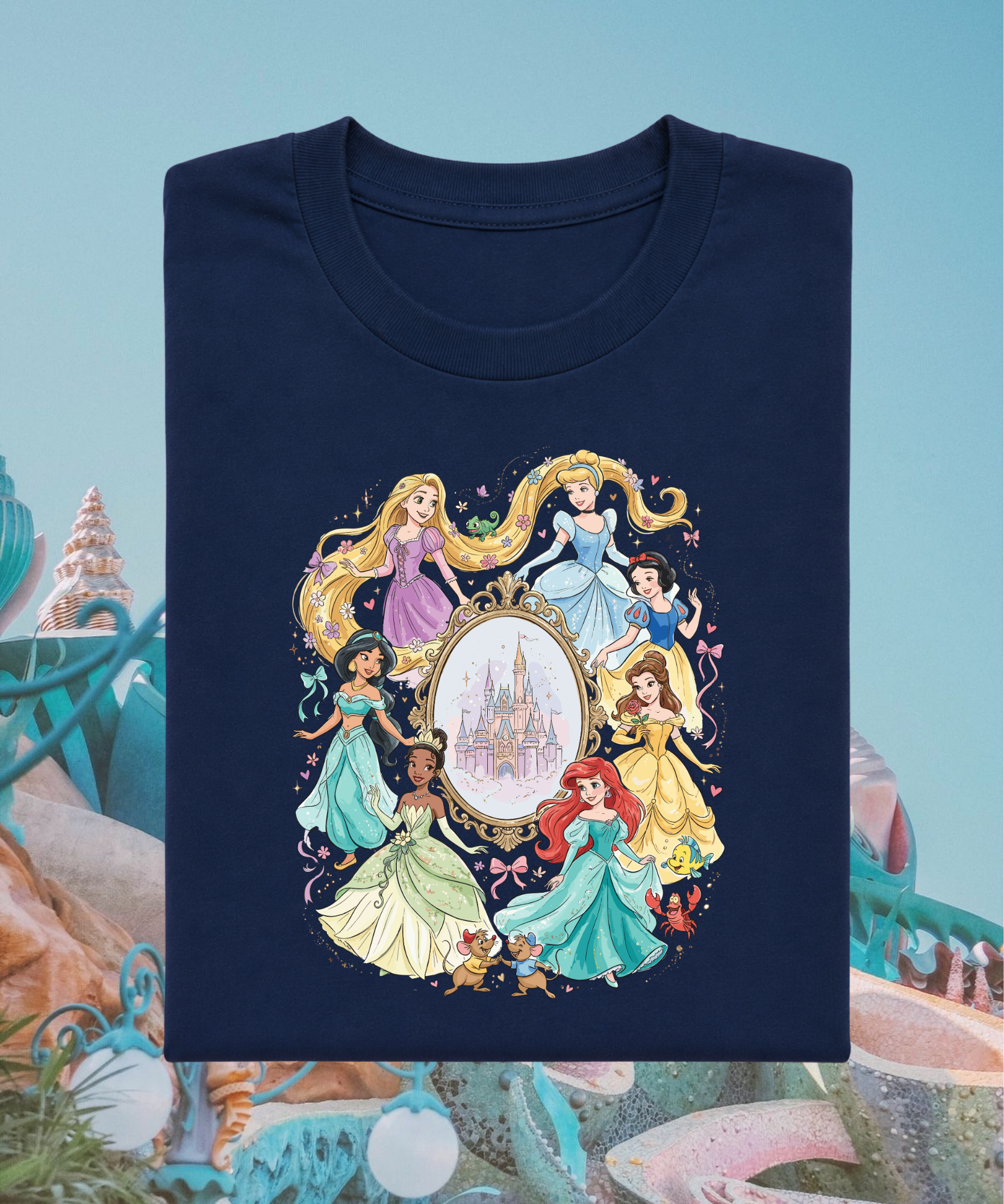 Princesses Castle Frame - Tshirt - White/Navy/Pink
