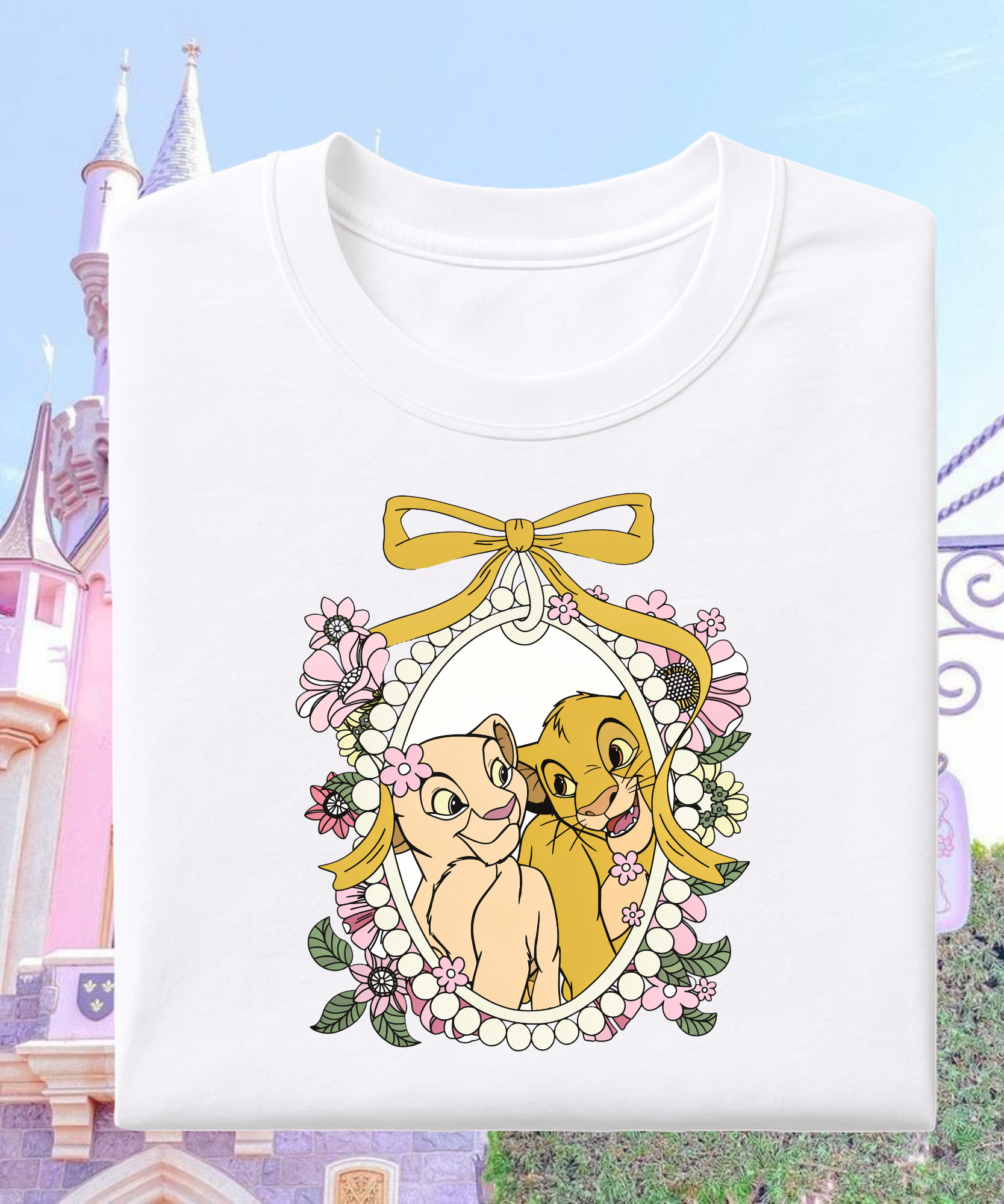 Lion King Floral Frame - Tshirt - White/Pink/Navy/Daisy Yellow