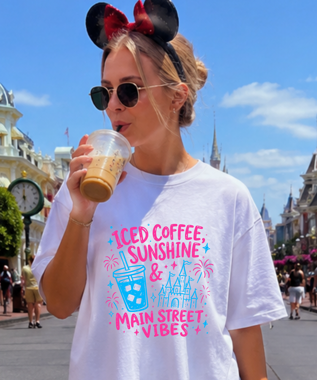 Iced Coffee, Sunshine, Main Street Vibes - Tshirt - White/Pink/Navy/Black