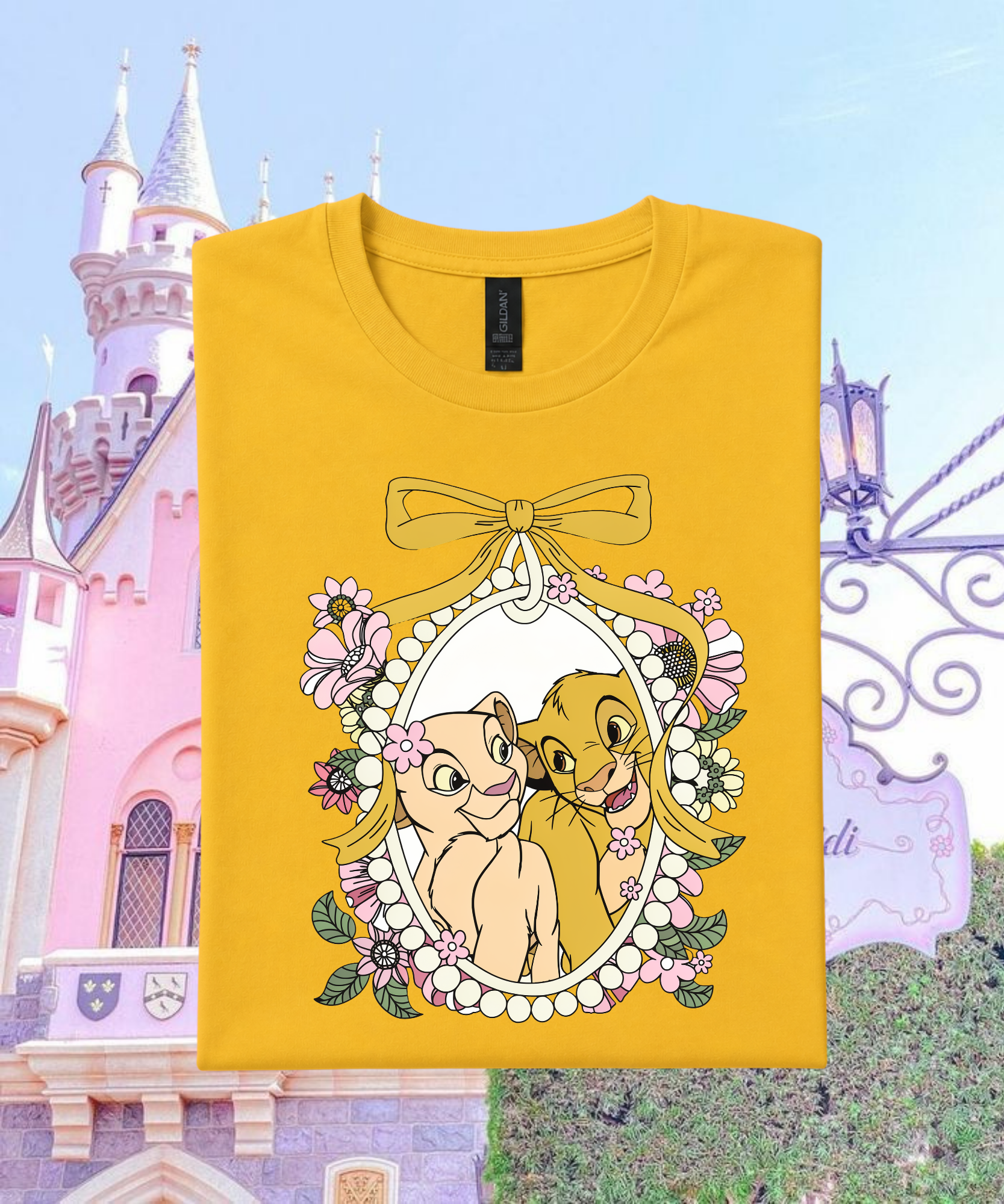 Lion King Floral Frame - Tshirt - White/Pink/Navy/Daisy Yellow