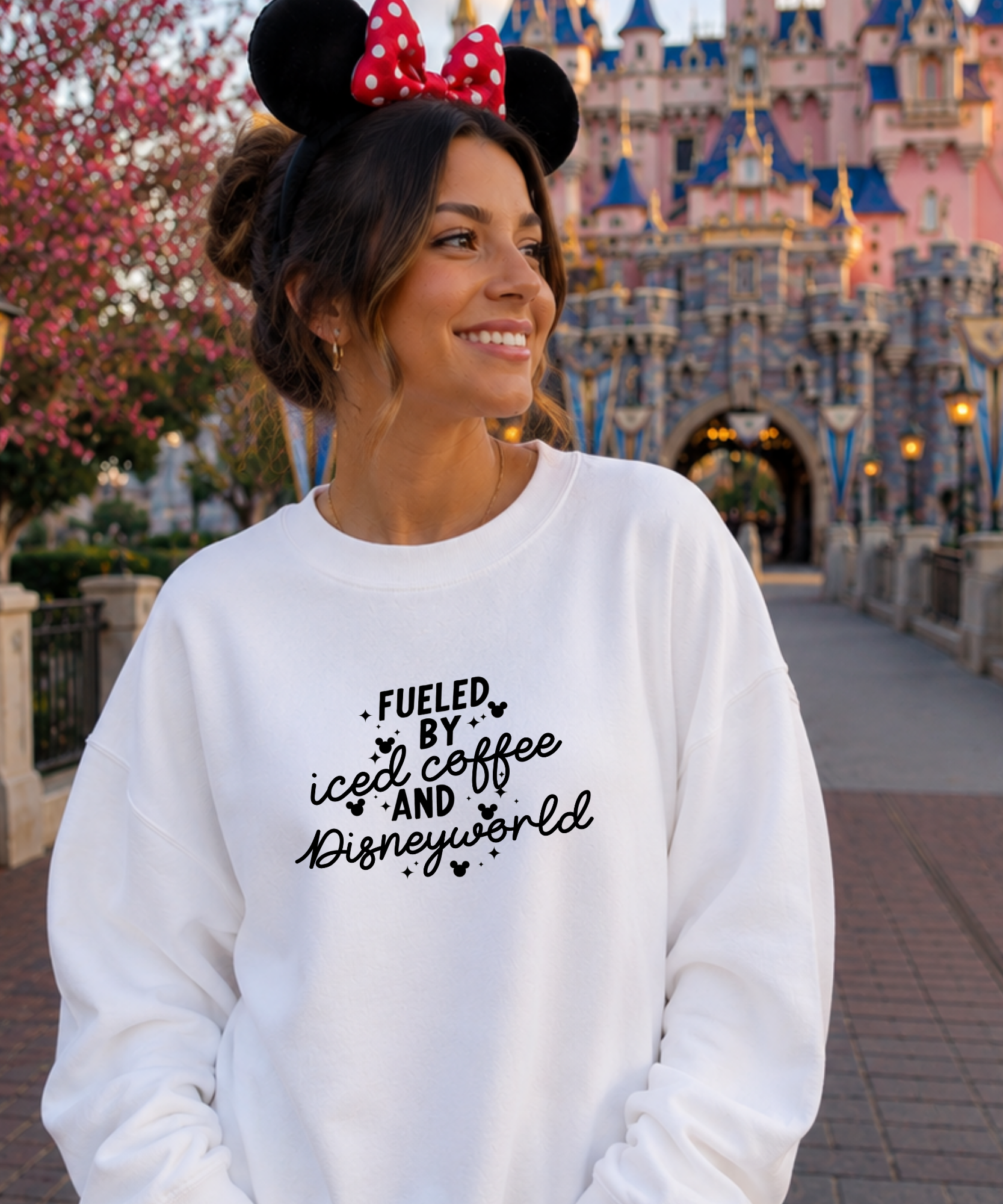 Fueled By Iced Coffee & DisneyWorld - Sweatshirt - Peppermint/White/Light Pink/Pink Lemonade