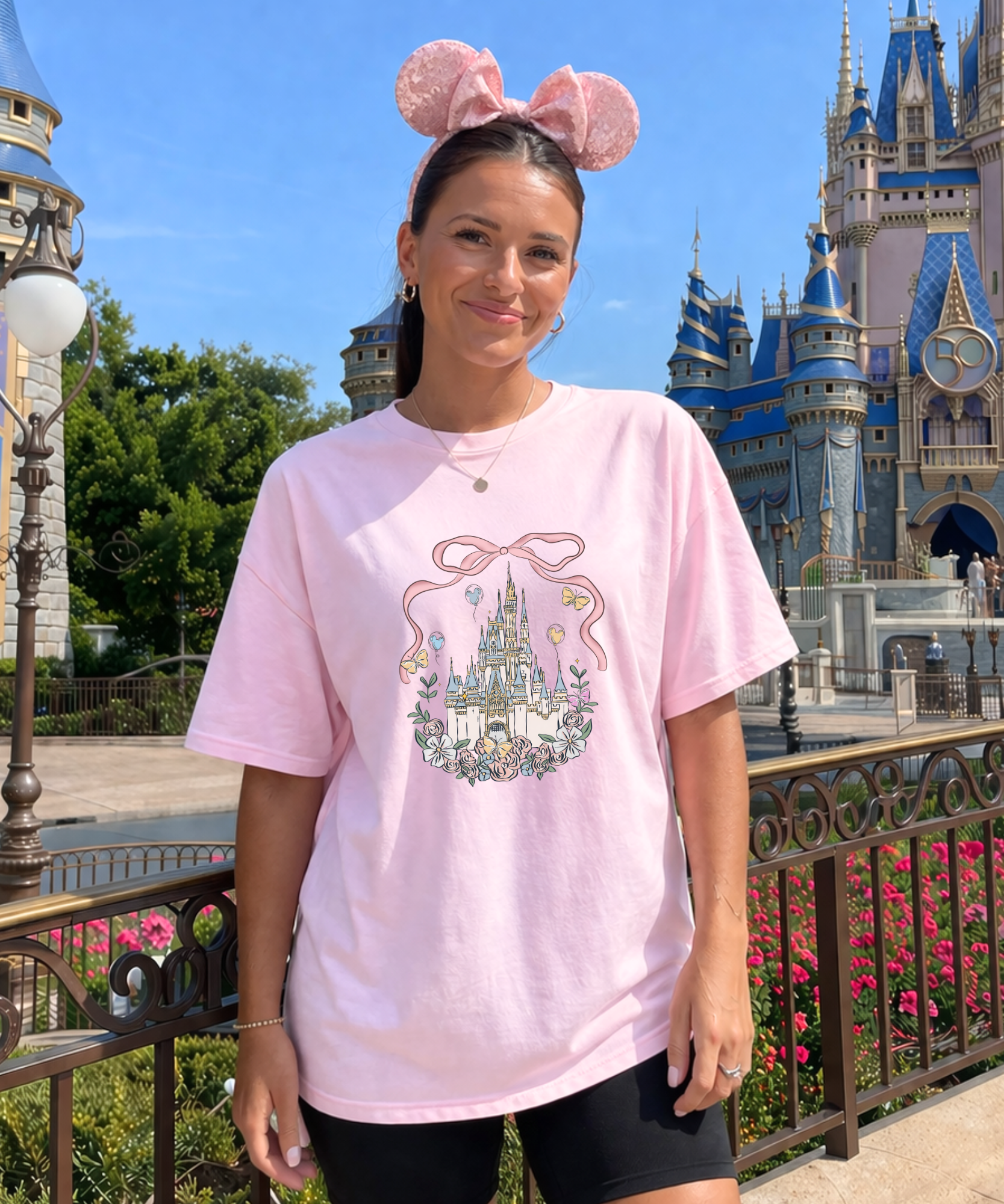 Floral Frame Castle - Tshirt - White/Pink/Blue