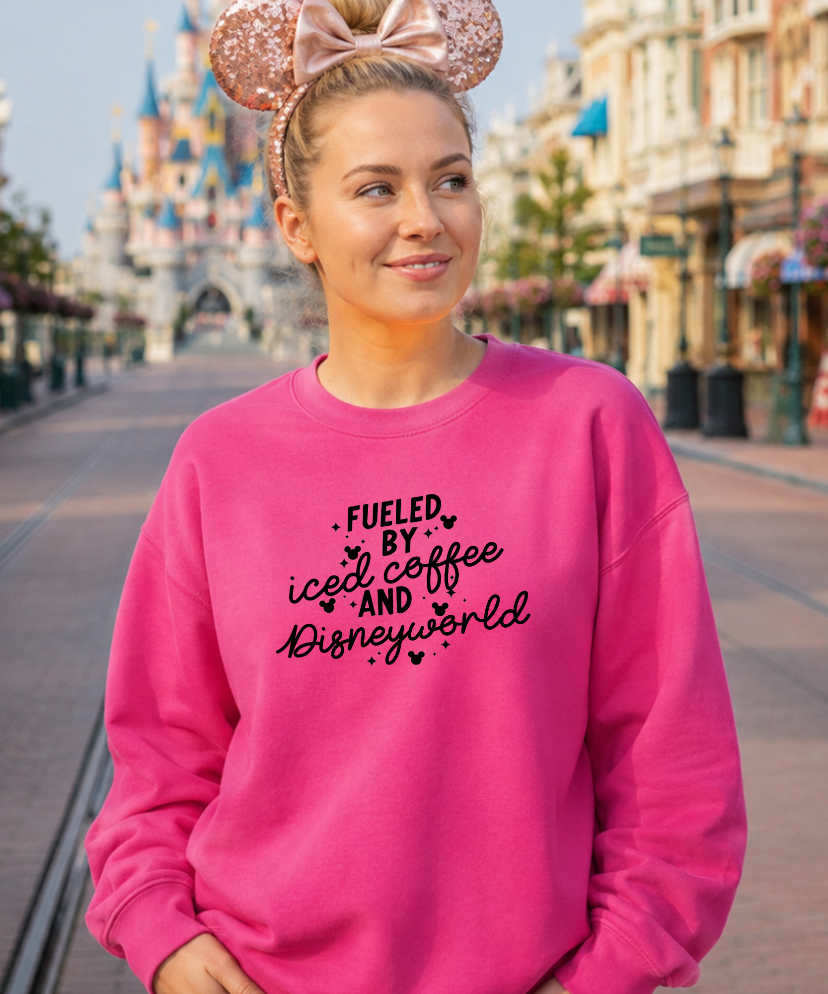 Fueled By Iced Coffee & DisneyWorld - Sweatshirt - Peppermint/White/Light Pink/Pink Lemonade