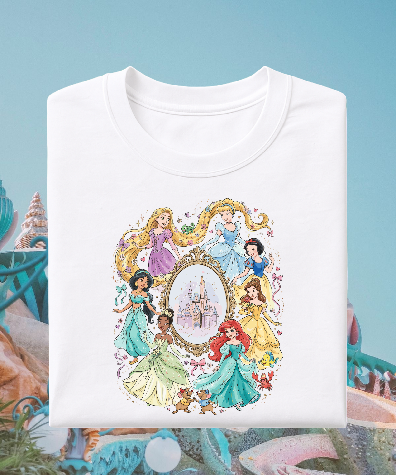 Princesses Castle Frame - Tshirt - White/Navy/Pink