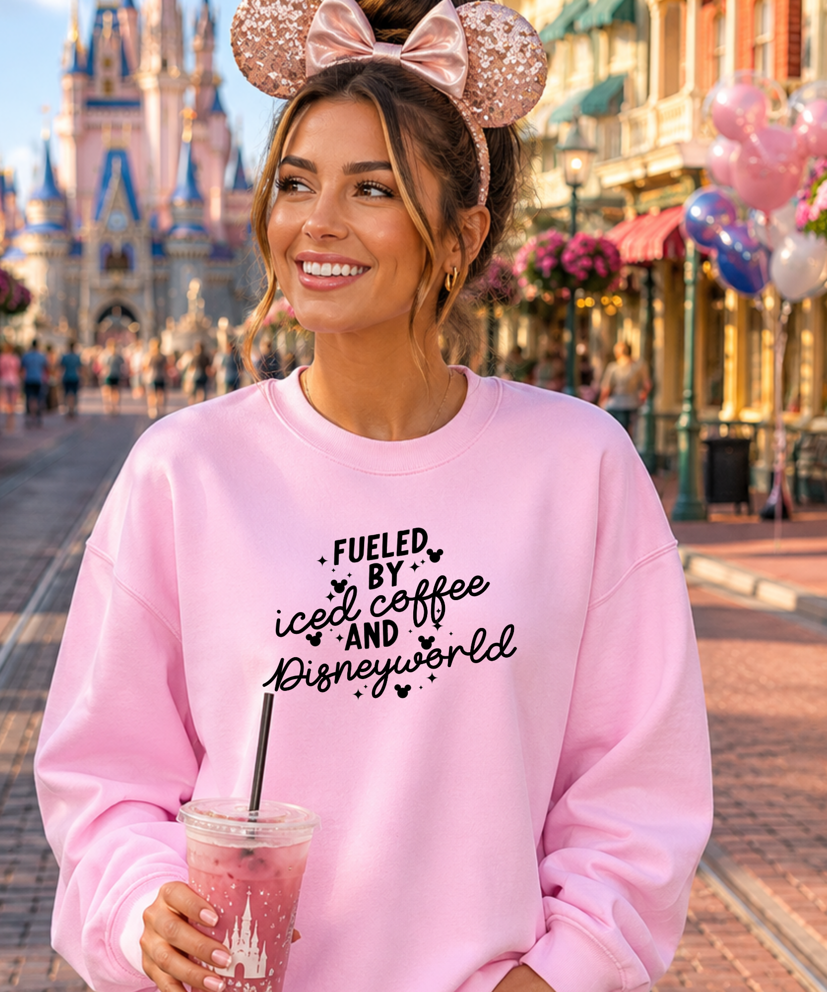 Fueled By Iced Coffee & DisneyWorld - Sweatshirt - Peppermint/White/Light Pink/Pink Lemonade