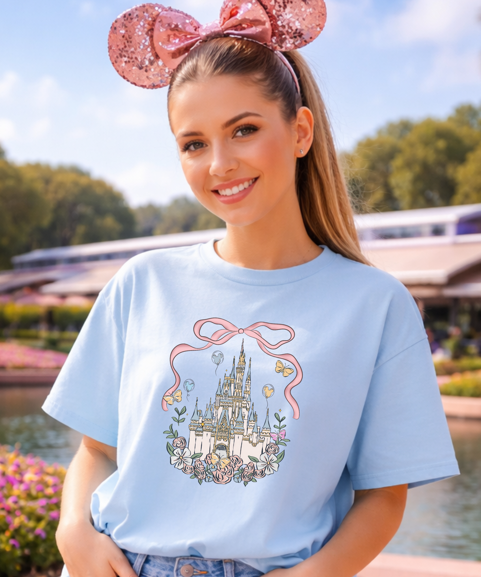 Floral Frame Castle - Tshirt - White/Pink/Blue