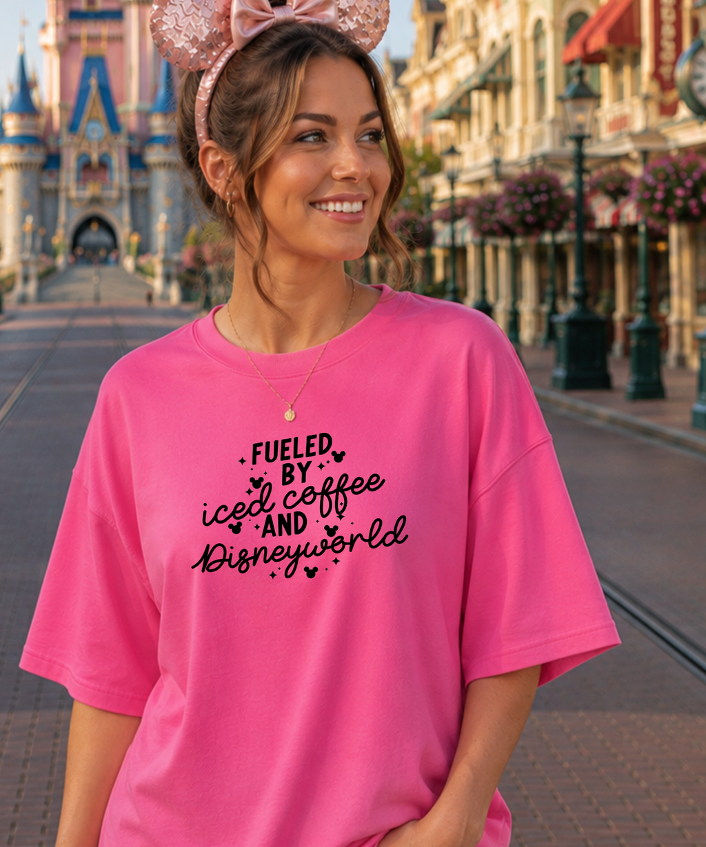 Fueled By Iced Coffee & DisneyWorld - Tshirt - White/Light Pink/Pink Lemonade