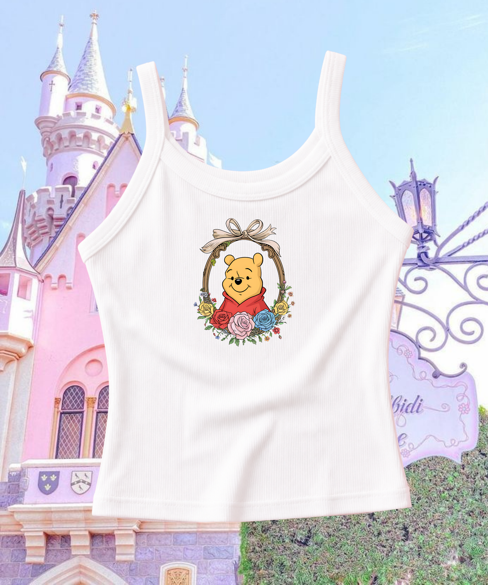 Pooh Floral Frame Spaghetti Strap Tank Top - White/Red