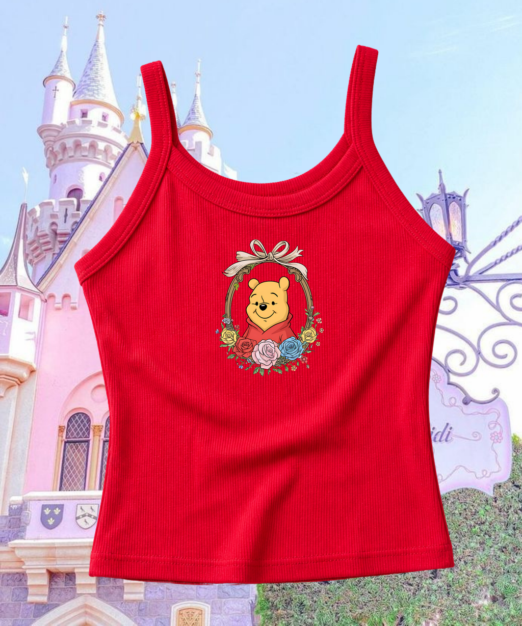 Pooh Floral Frame Spaghetti Strap Tank Top - White/Red