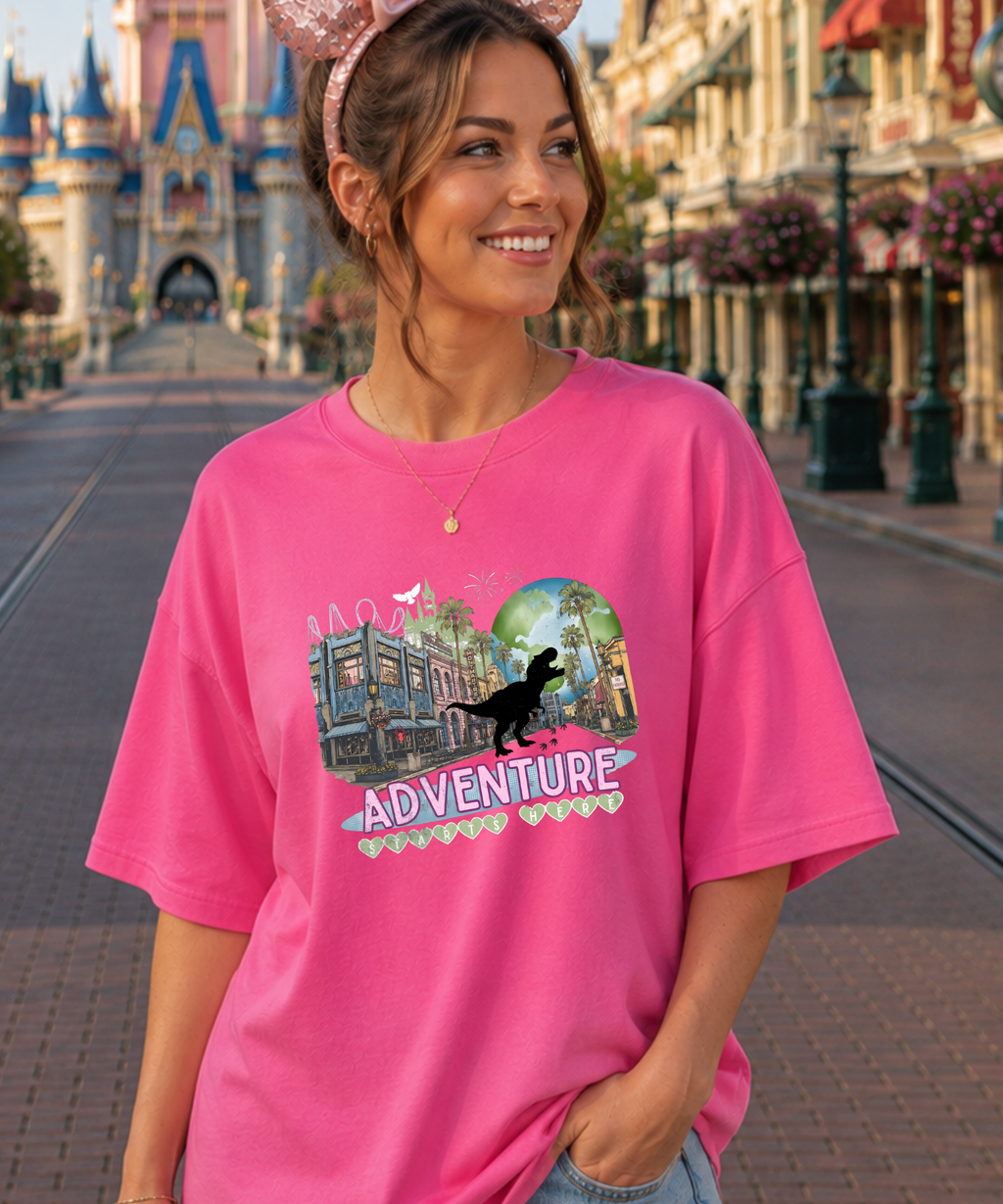 Adventure Starts Here - Tshirt - White/Black/Pink Lemonade