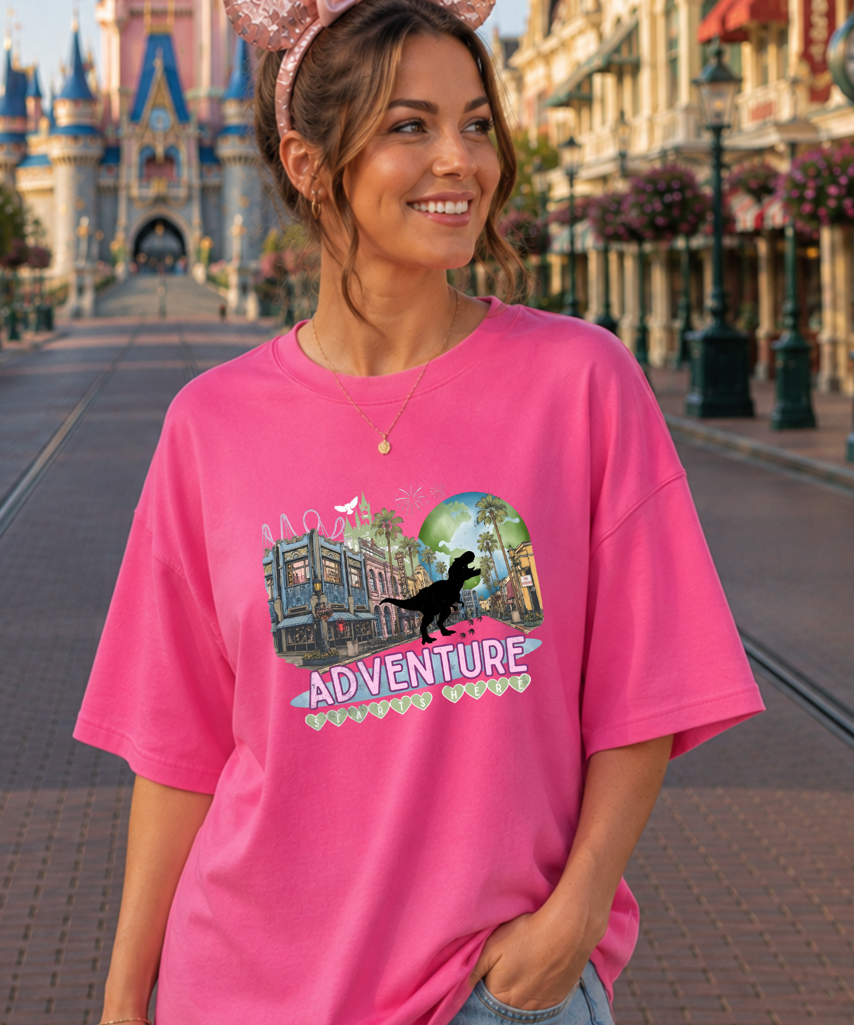 Adventure Starts Here - Tshirt - White/Black/Pink Lemonade