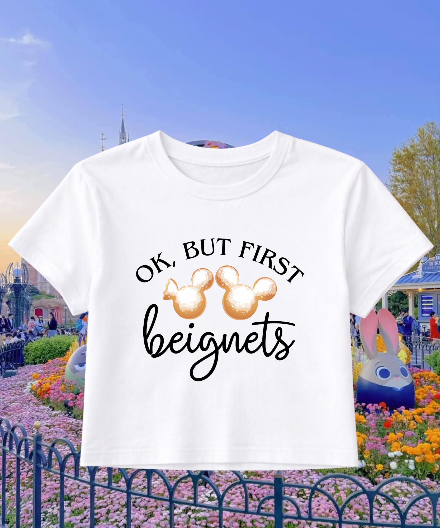 Ok But First Beignets - Cropped Tee - White