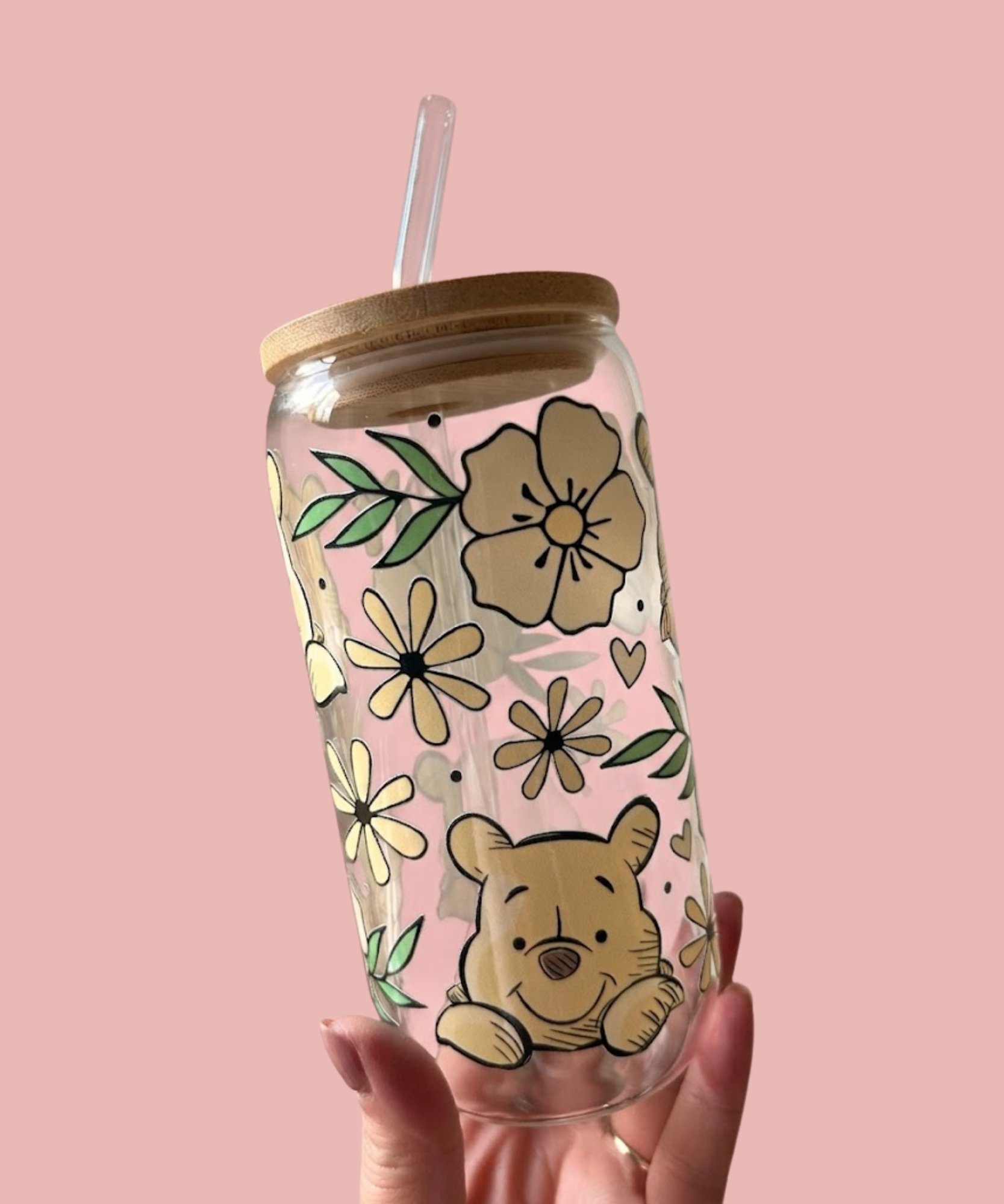 Floral Pooh Glass Tumber With Glass Straw