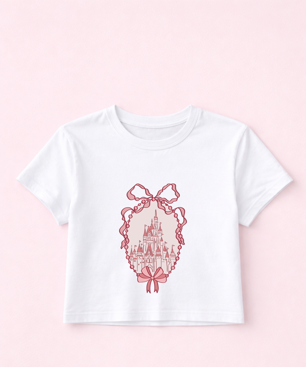 Pink Castle Beaded Frame - Cropped Tee/Cropped Vest - White
